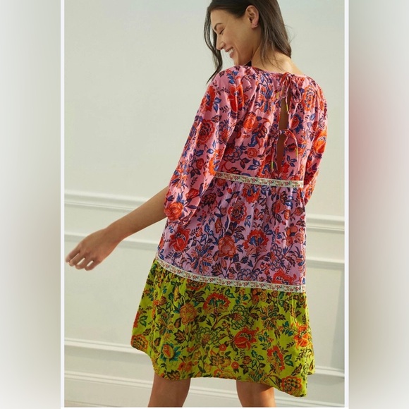 By Anthropologie Pink and Green Floral Tiered Mabel Dress Size Medium - Picture 2 of 12